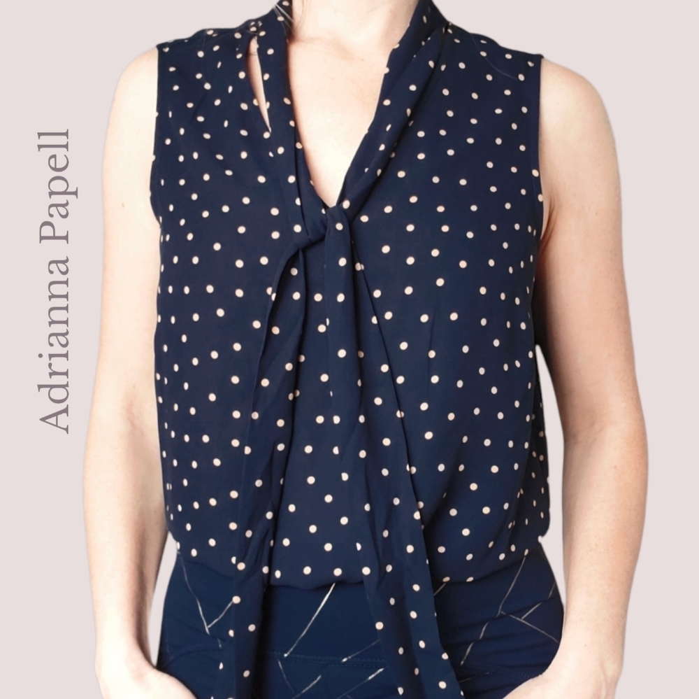 Adrianna Papell Sleeveless Polka Dot Tie Neck Blouse - Picture 6 of 15